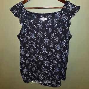 LOFT Dark Gray Floral Flutter Sleeve Square Neck Blouse Shirt Women's Size XL